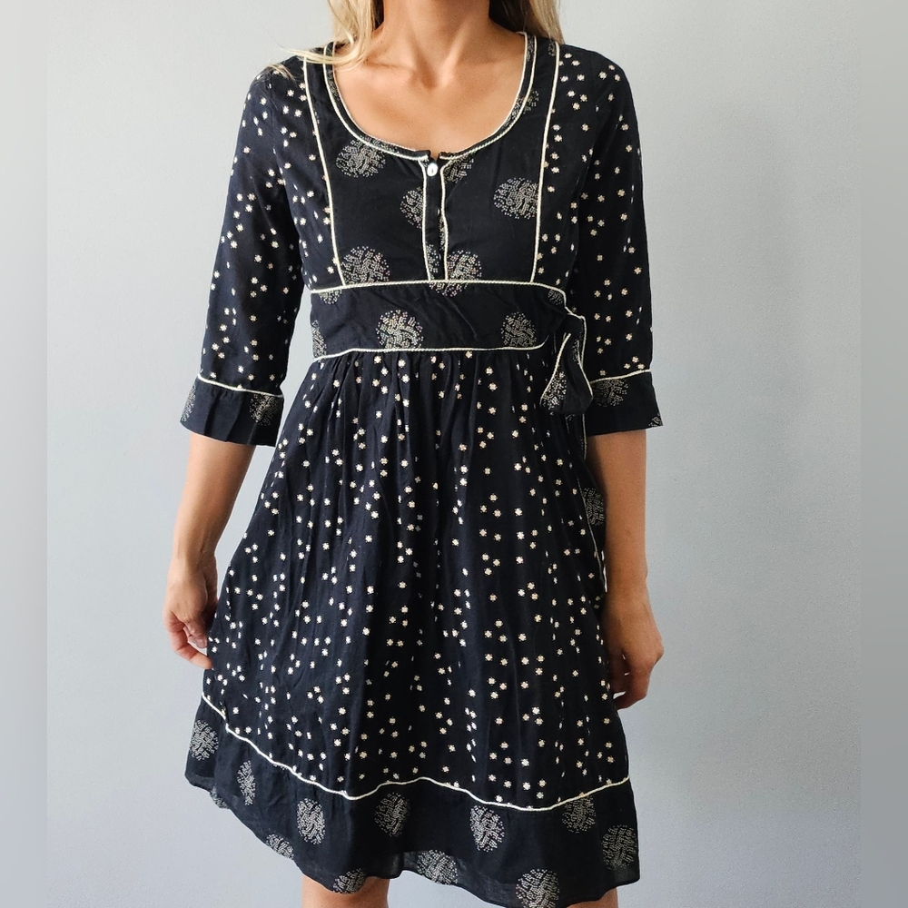 Viola Black Cream Cotton Floral Tie at Waist Front Buttons Zip Dress Sz 6